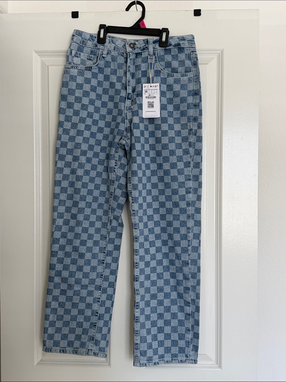 stradivarius Blue Checkerboard Straight Jeans